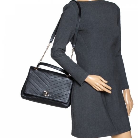 RARE! Authentic! Chanel CC Coco Top Handle Calfskin Quilted Chevron Leather Flap - Picture 13 of 16